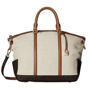 New Michael Kors Beckett Large Top-Zip Satchel Natural Acorn Bag Purse Signature